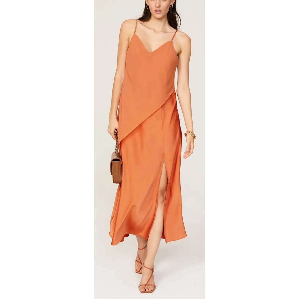 Saunders x RTR Chiffon Overlay Satin Sleeveless Slip Midi Dress - Orange - Sz 0 - Picture 2 of 4